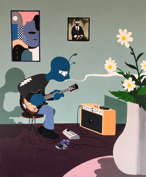 "A room with a guitarist and an abstract painting"